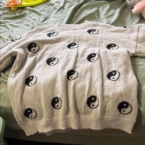 Women's Cream Crewneck Sweater with Black Yin Yang Motif